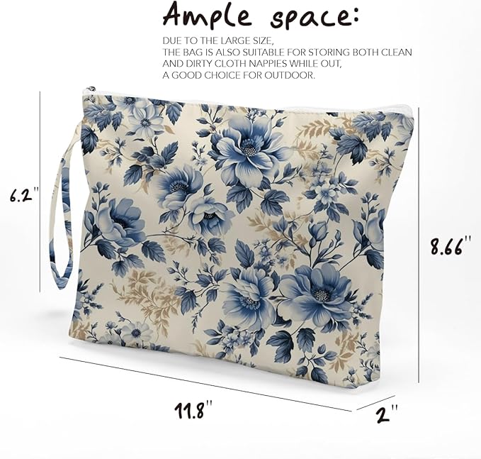 Fokongna Floral Print Wet Bag, Small Portable Waterproof Multi-Functional Organizer for Women, Ideal for Daily, Beach & Travel, Vintage Denim Blue Floral