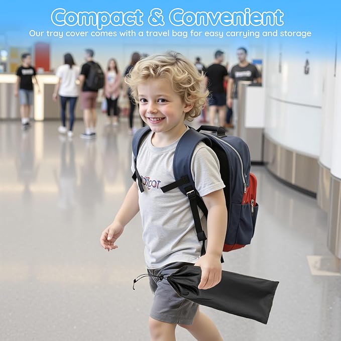 Kids Travel Tray Table Cover with Pockets – Toddler Airplane Essentials for Plane, Train, Car & Highchair, Portable Activity Board with Tablet Holder & Storage (Light Blue)