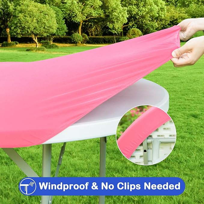 Wolkemer 2 Pack 5 Foot Pink Fitted Tablecloth 60 Inch Round Elastic Edges Table Cloth, Spandex Stretch Table Cover with Machine Washable Fabric for Wedding Party Picnic Dining Indoor Outdoor