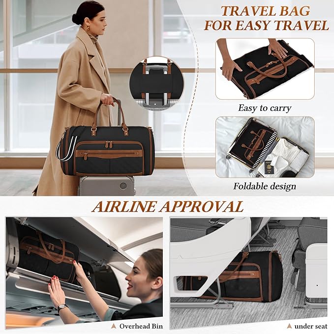 RAINSMORE 2-in-1 Convertible Garment Bag for Travel, 51L Garment Duffel Bag with Hanging Clothes, Carry-On Garment Bag with Shoe Pocket, Foldable Suit Travel Bag, Weekender Bag - Business Trips