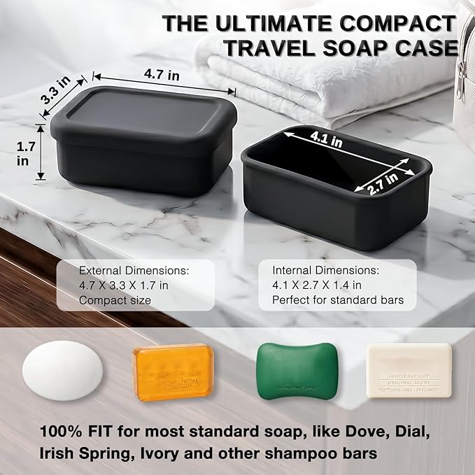 HighHerz Leak Proof Silicone Travel Soap Case with Draining Tray - Bar Soap Holder for Travel, Gym & Camping - Mess-Free Portable Soap Container for Carry-on Bags (Black)