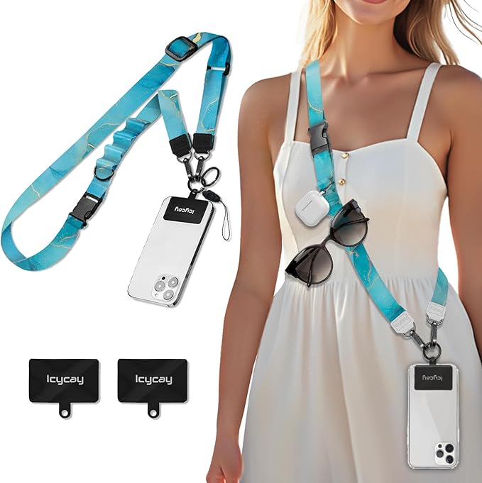 Icycay Phone Lanyard Crossbody, Blue Marble Cell Phone Strap for Around The Neck Adjustable, Anti Theft Cute Lanyard for ID Holder Keys Accessories Travel Essential