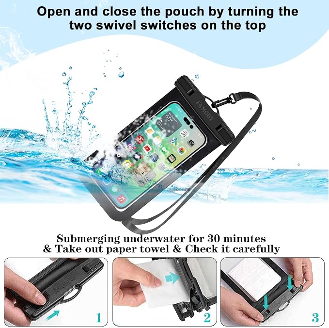 Famoby 6 Pack Multicolor Waterproof Phone Pouch,Phone Case Dry Bag,Protection Level: IP68,Beach Cruise for iPhone,Samsung,and More,Lanyard Included,(Up to 8.3”),Black,Blue,Pink,Orange,Yellow,Green