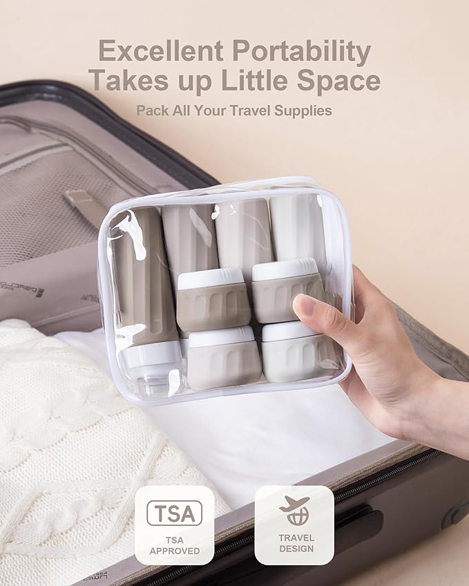 Mrsdry Travel Bottles for Toiletries 8 Pack, Travel Size Toiletries, Tsa Approved Travel Size Containers 3oz, with Travel Essentials Clear Bag, Leak Proof Silicone Squeezable Creams Jars