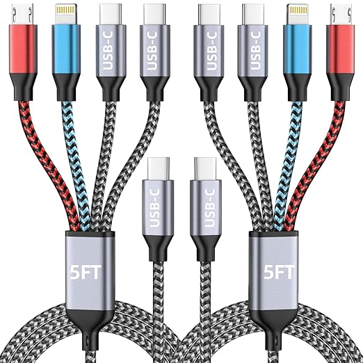 USB C 4 IN 1 Multi Charging Cable, Travel Essentials with Dual Type-C/Micro/IP Port, 2 Packs 5FT Nylon Multiple Charger Cord for iPhone 17 Pro Max/17 Air/16/15/14, Galaxy S25, iPad, Andorid and More