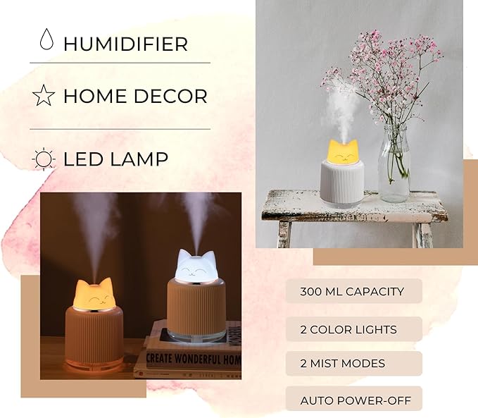 Mini Portable Ultrasonic Cat Humidifier for Bedroom Baby Car Desk. Cute Cool Mist Small Air Humidifier with USB for Home Office Travel Nursery Pet Plant. Silent & Auto Shut-off - ASTROVIS (White)