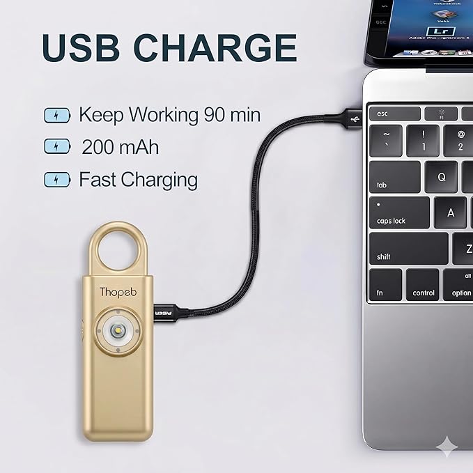 Thopeb– Personal Safety Alarm for Women–135dB Siren, Strobe Light and Rechargeable - Safety Alarm Keychain for Women (Metallic Gold)