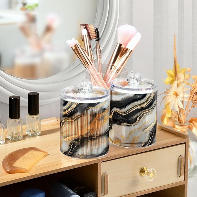 2 Pack Qtip Holder Organizer Dispenser Black Gold Grey Marble Texture Bathroom Storage Canister Cotton Ball Holder Container for Cotton Pads/Swabs/Floss