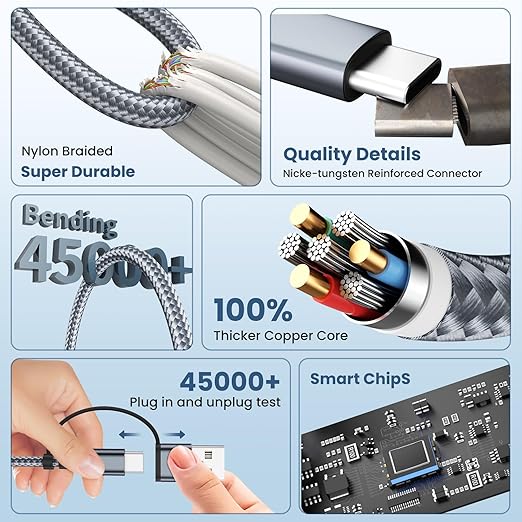 3 in 2 Multi Charging Cable for iWatch Charger/IP/USB C, Travel Cruise Essentials for Car Charger,5FT Nylon Charger Cord USB C/A Phone Charger for iWatch Series/iPhone 17-11/iPad,Home/Office/Car Use