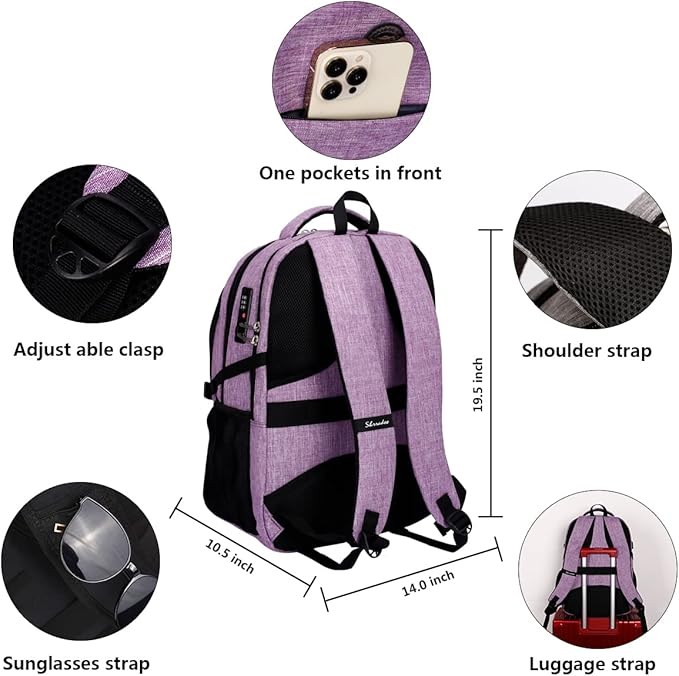 SHRRADOO Anti Theft Laptop Backpack Travel Backpacks with Combination Lock for Women Men College Backpack Computer Bag Fits 17 Inch Laptop,Purple | Travel Backpacks