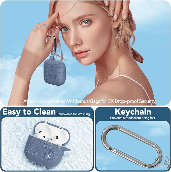for Airpods 4 Case with Magnetic Lid, Ekoonpft Flower Engraved Cases for Apple AirPods 4th Generation 2024, Soft Silicone Cover for Women Girly with Cleaning Kit & Keychain, Shockproof