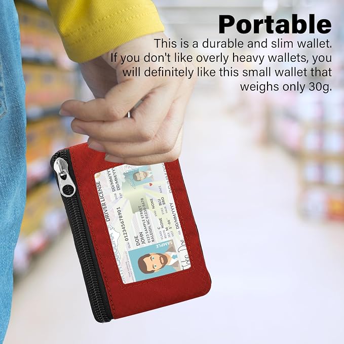 Minimalist Small Wallet for Men Women with 2 Zip Pockets, Multi Functional ID Case with Keychain and Card Holder, Coin Purse Badge Lanyard Pouch for Boys Girls Travel - Red&Pink