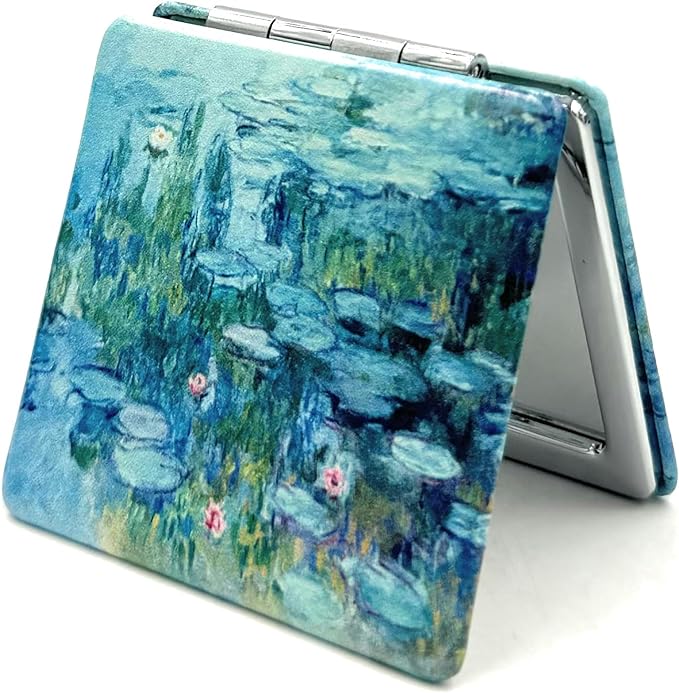 Small Handbag Monet Compact Mirror - Folding Pu Leather, Unique Water Lilies Travel Mirror for Sister