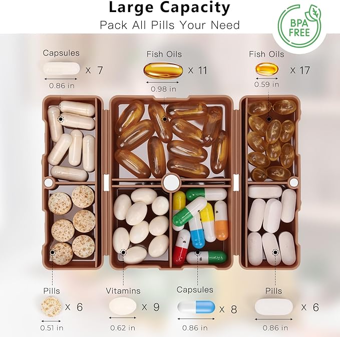 FYY Daily Pill Organizer, 7 Compartments Portable Travel Pill Case, [Folding Design] for Purse Pocket to Hold Vitamins,Cod Liver Oil,Supplements and Medication-Brown