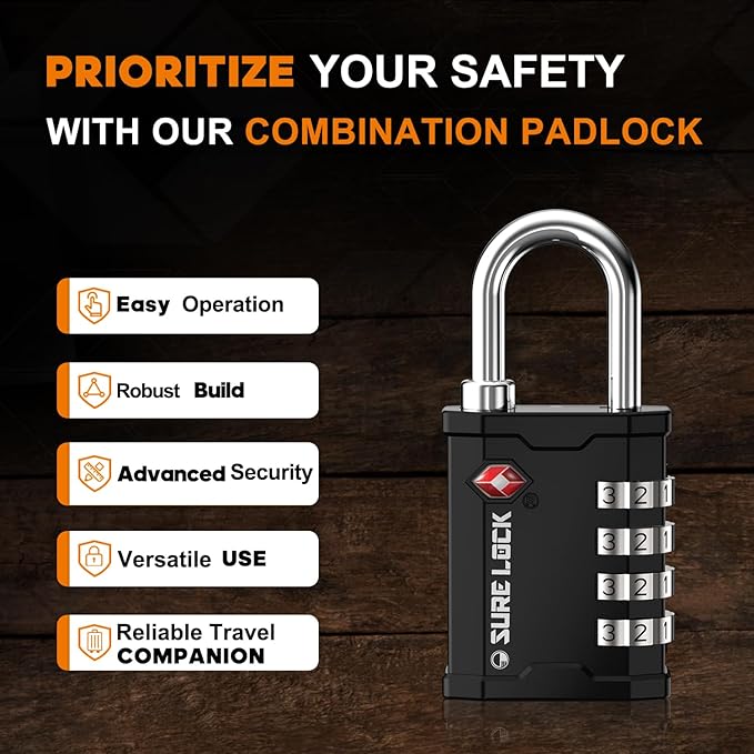 SURE LOCK TSA Approved 4 Digit Combination Lock, Heavy Duty Padlock with Red Dot Indicator for Gun Cases, Pelican Cases, Tool Boxes, Gym Lockers, Storage Units & Outdoor Gates(1,Black)