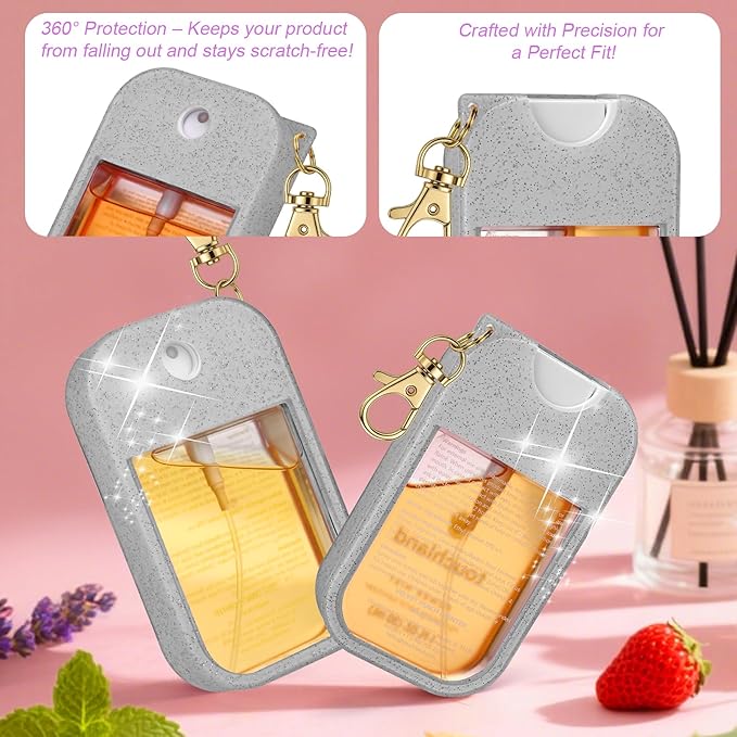 AIERSA Hand Sanitizer Spray Glitter Case Compatible with Touchland, Silicone Hand Sanitizer Case Holder with Keychain for Touch Land Mist 1FL. OZ(Glitter Sequin Gray)