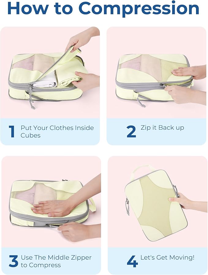 BAGSMART Compression Packing Cubes for Travel, 6 Set/14 Set Compressible Luggage Organizer for Cruise Ship, Lightweight Travel Essentials (1L+2M+2S+Shoe bag+Drawstring bag+Toiletry bag+6Plastic bags)