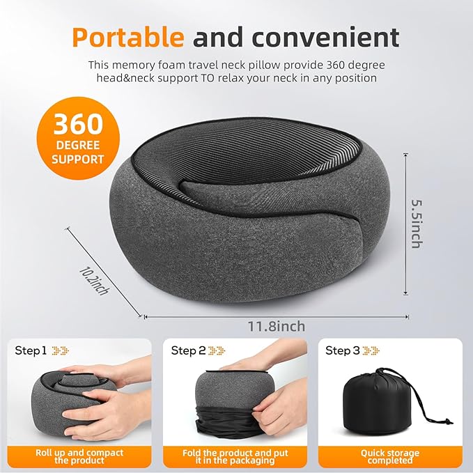 Travel Neck Pillows for Airplanes, Premium 100% Memory Foam Neck Pillow with Alternative Skin-Friendly Silk Cover - Upgrade Liner Enables Easy Pillowcase Cleaning, Travel Pillow Fits Plane, Car, Train