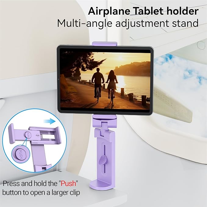 Airplane Tablet Holder Mount, Travel Essential Handsfree Tablet Stand with 360 Degree Rotation, Maximum 7.6” Clamp Opening, Compatible with iPad (Only Fits 7–11" Tablets) Purple