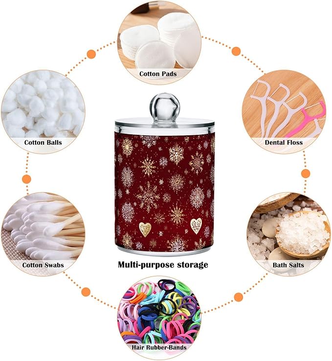 Gredecor Christmas Winter Qtip Holder Dispenser 2 Pack Gold and White Snowflakes Apothecary Jars with Lids Bathroom Vanity Countertop Canister Storage Organizer for Cotton Ball,Swabs,Pads,Floss