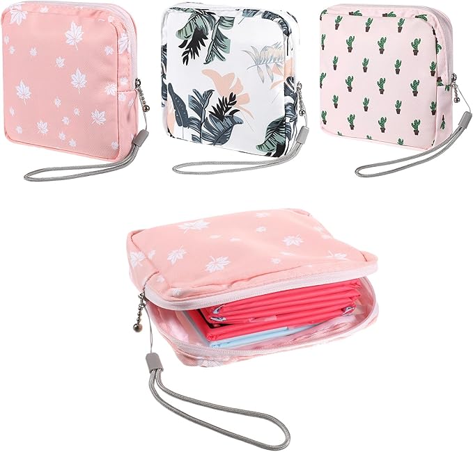 3 Pack Reusable Sanitary Napkin Storage Bags, Period Pouch for Women with Hanging Rope, Portable Travel Organizer for Purse Office Daily Use, Compact Menstrual Pad Holder (3 Colors)