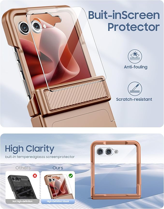 for Motorola Razr Ultra 2026/2025 Case with Card Holder RFID Blocking, Hinge Protection, Screen Protector, Full Body Rugged Shockproof Phone Case for Razr Ultra 2026/2025 -Desert Gold