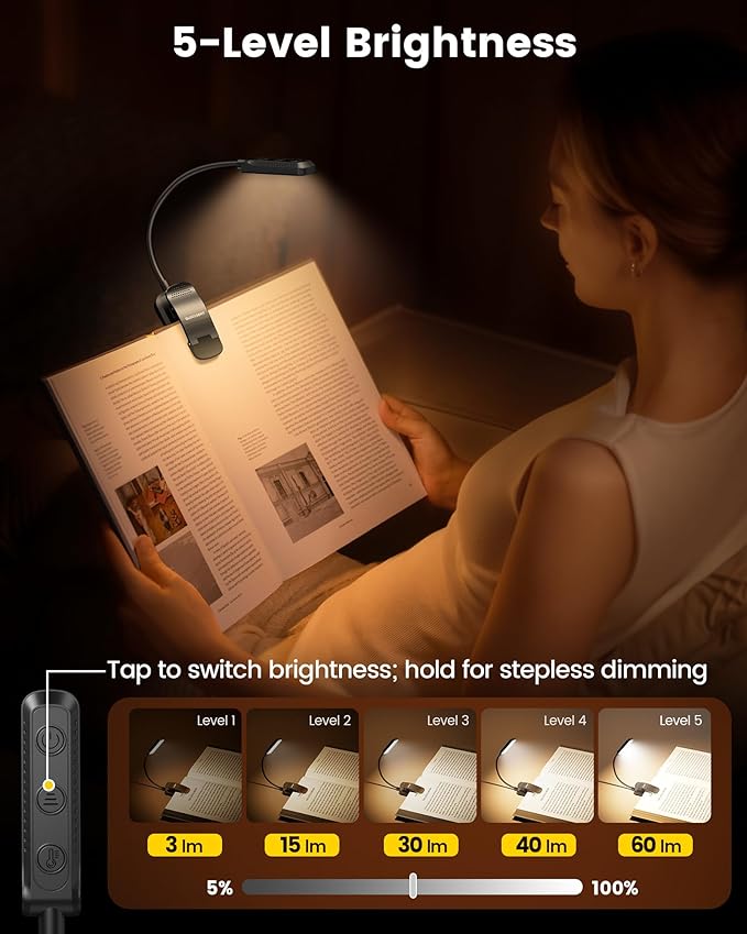 Glocusent 13 LED Rechargeable Book Light for Reading at Night, Eye-Caring 3 Amber Colors & Stepless Dimming, Lasts 1 Week to 2 Months, Travel Clip on Lamp, Gifts for Book Lovers, Men, Women & Kids