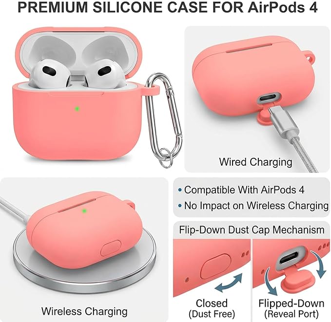 for Airpods 4th Case Cover,Come with Cleaner Kit,Soft Skin Silicone Case Cover with Keychain,Full Protective Case for Men and Women,Compatible with AirPods 4th Generation Case,Coral