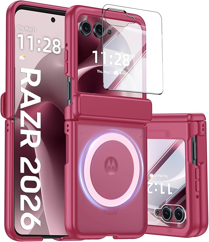 Magnetic for Motorola Razr 2026 Case with Hinge Protection, Screen Protector, Compatible with MagSafe,Skin Feel Translucent Frosted, Shockproof Slim Cover for Moto Razr 2026-Rose Red