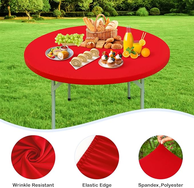 Wolkemer 2 Pack 5 Foot Red Fitted Tablecloth 60 Inch Round Elastic Edges Table Cloth, Spandex Stretch Table Cover with Machine Washable Fabric for Wedding Party Picnic Dining Indoor Outdoor