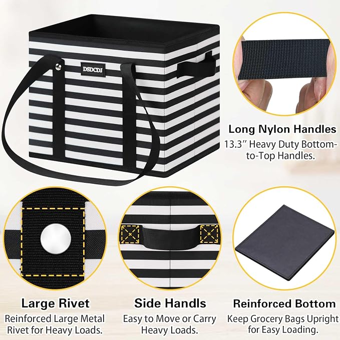 Reusable Grocery Bags 3 Pack - Heavy Duty Reusable Shopping Bags with Hard Bottom & Long Handles, Foldable Utility Tote Bag with Box Shape to Stand Up, 13x10.23x11in, Stripe Black