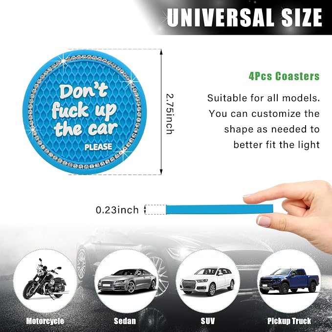 Ziciner 4 Pack Bling Car Cup Holder Coaster, 2.75 Inch Anti-Slip Auto Insert Cup Coaster, Crystal Car Drink Cup Mat Perfect for Women Girls, Universal Interior Decor Accessories (Light Blue)