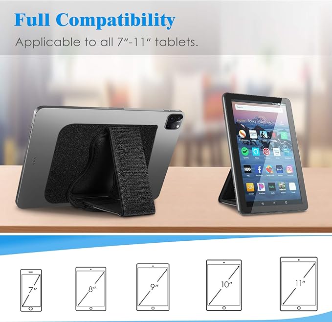 Fintie Universal Tablet Hand Strap Holder - [Dual Stand Supports] Detachable Padded Hook & Loop Fastening Handle Grip with Adhesive Patch for iPad/Galaxy Tab and All 7-11" Tablets, Black