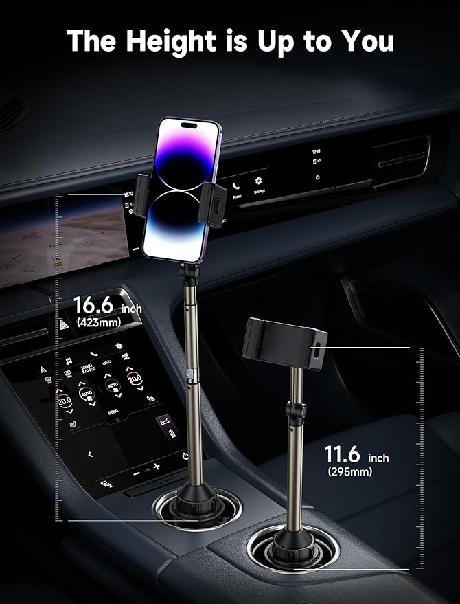 JSAUX Car Cup Holder Cellphone Mount, Metal Long-Arm Ultra Stable Phone Holder for Car Cupholders - Adjustable for iPhone 16 15 Pro Max 13 12 11, Samsung Galaxy S24 S23 Ultra, Google Pixel 9 Pro