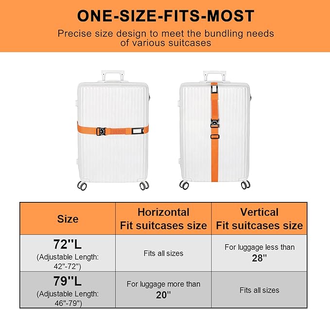 Vigorport Luggage Straps for Suitcases 2 Pack, Heavy Duty Metal Buckle Luggage Belt Strap, TSA Approved Suitcase Belt, Stretchable Travel Strap for Luggage (Orange, 72″ L & 79″ L)