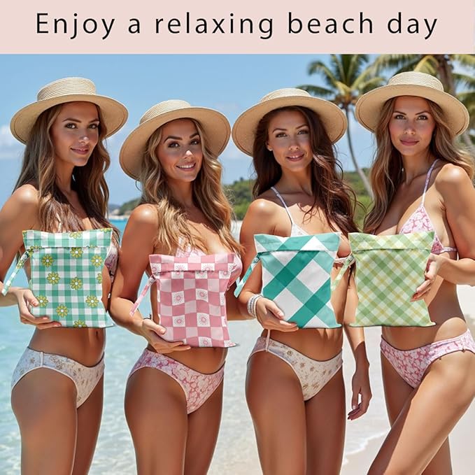 Wet Bag, 4Pcs Wet Dry Bag Set, Reusable Waterproof Bags with Retro Plaid Prints for Women, Great for Beach Getaways, Pool Visits & Travel Needs