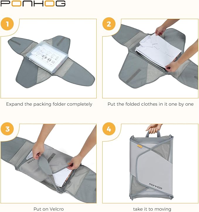 Ponhog Garment Folder - Original Garment Packing Folder Premium Travel Garment Bag Foldable Clothes Shirt Bags Luggage Accessory with Wrinkle-Free Folding Board and Compression Wings Grey