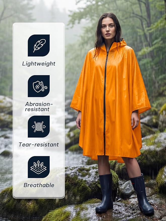 SaphiRose Lightweight Waterproof Rain Poncho for Adults with Hood Portable Rainwear for Outdoor