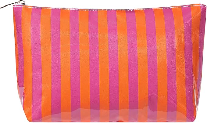 Large PVC Waterproof Striped Makeup Bag,Clear Coated Cosmetic Bags,Easy to Clean,Travel Organizer Zipper Pouch Beach Vacation Essentials for Women Girls(11Orange Purple)