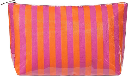 Large PVC Waterproof Striped Makeup Bag,Clear Coated Cosmetic Bags,Easy to Clean,Travel Organizer Zipper Pouch Beach Vacation Essentials for Women Girls(11Orange Purple)