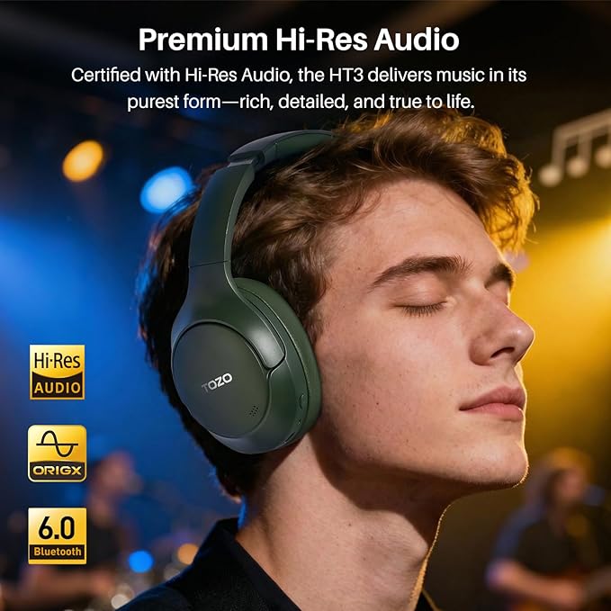 TOZO HT3 Hybrid Noise Cancelling Headphones, 90H Battery Life Wireless Over Ear Bluetooth 6.0 Foldable Headset, AI Voice Assistant with 5 Mics, Connect 2 Devices & Hi-Res Sound, 32 Audio EQ, with Case