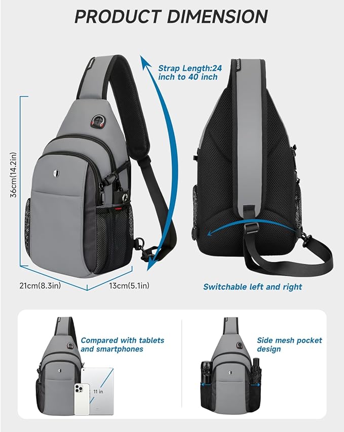 Anti-Theft Sling Bag for Men, Water Resistant lightweight Crossbody Backpack With Side Pocket, Built-in Audio Port, Reversible Strap, Travel Hiking Chest Pack Fits 11 inch iPad & Switch 2