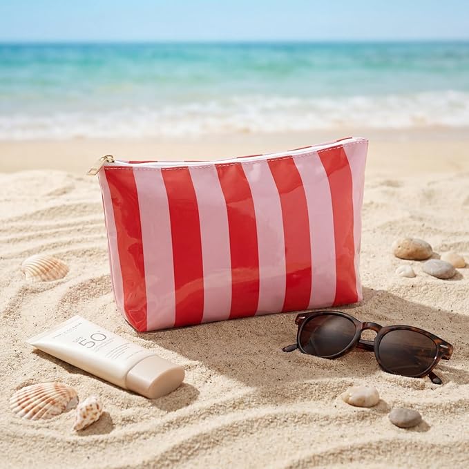 Large PVC Waterproof Striped Makeup Bag,Clear Coated Cosmetic Bags,Easy to Clean,Travel Organizer Zipper Pouch Beach Vacation Essentials for Women Girls(08Orange Pink)