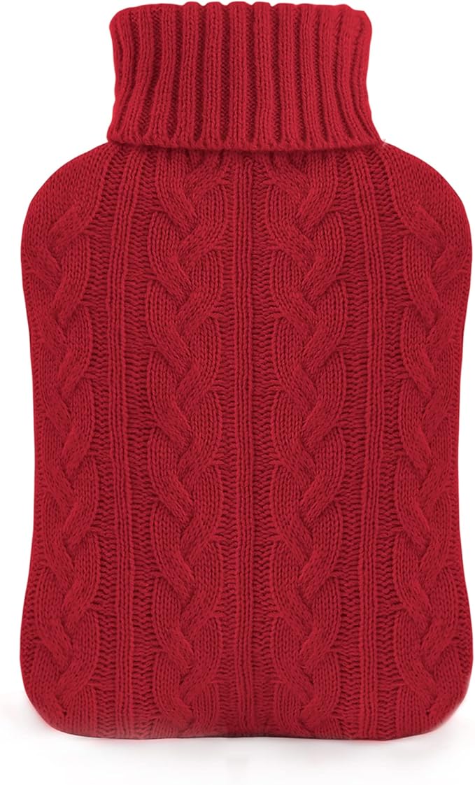 samply Hot Water Bottle with Knitted Cover, 2L Hot Water Bag for Hot and Cold Compress, Hand Feet Warmer, Ideal for Menstrual Cramps, Neck and Shoulder,Red