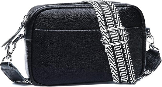 Small Crossbody Bags for Women Genuine Leather, Guitar Strap Shoulder Handbag Purse Camera Bag with Rfid Card Slots, Black