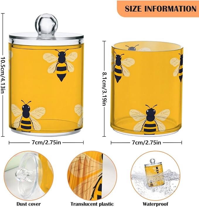 2 Pack Qtip Holder Organizer Dispenser Bees Yellow Pattern Bathroom Storage Canister Cotton Ball Holder Container for Cotton Pads/Swabs/Floss