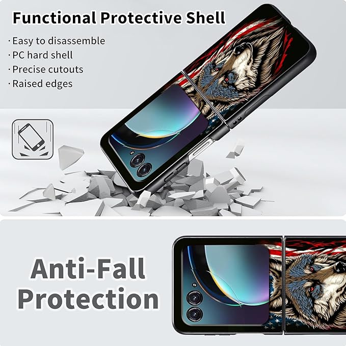 for Motorola Razr 2025 Case,for Moto Razr 60 Phone Case Cute Slim Hard PC Ultra-Thin Anti-Scratches Shockproof Protective Phone Cover,American Flag Wolf