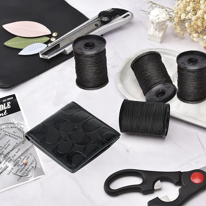 Topus Extra Strong Upholstery Repair Sewing Thread Kit and Heavy Duty Household Hand Needles, Including 7 Styles of Leather Canvas Sewing Needles and 3 Rolls Nylon Thread (70 Yard of Each Roll), Black