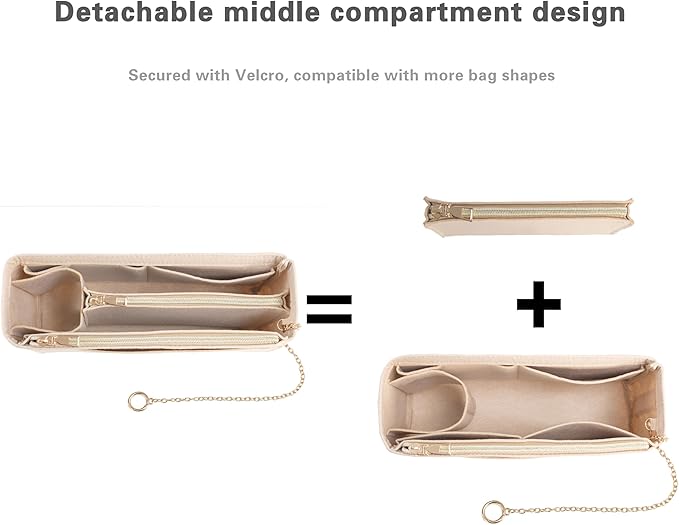 Purse Organizer Insert, Handbag Organizer with Zipper, Tote Shaper with Cup Holder & Keychain, Compatible with LV, Neverfull, MK, COACH, Longchamp, Kate Spade– Beige-Sl. Lg