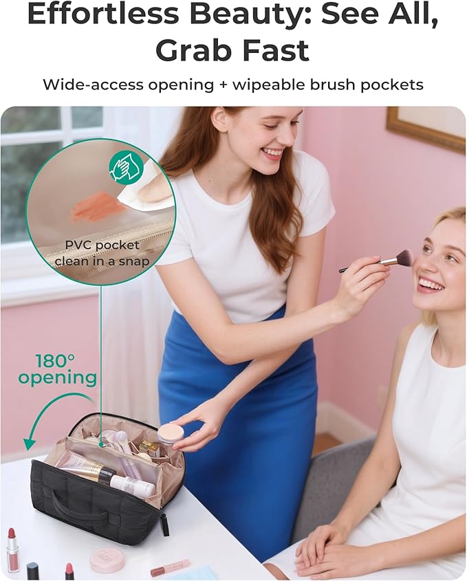 BAGSMART Travel Makeup Bag for Women, Portable Water-resistant Cosmetic Case, Puffy Padded Make Up Organizer Pouch, Open Flat Toiletry Bag for Toiletries, Brushes, Green